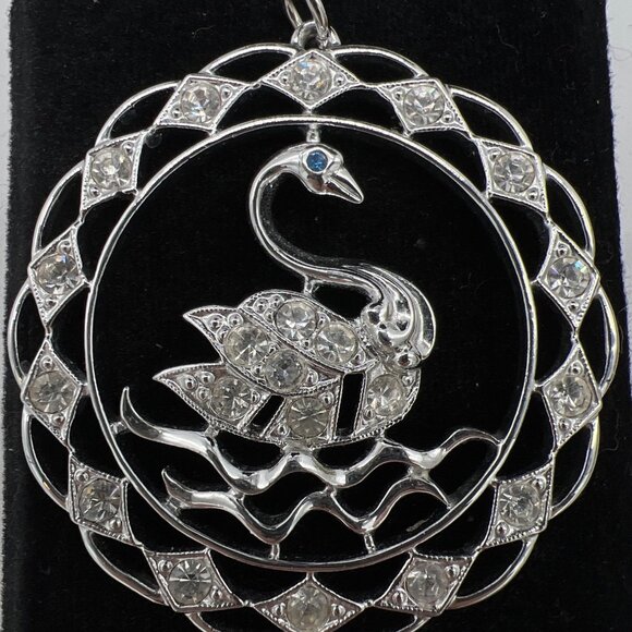 Vintage Silver Tone Swan Pendant & Clip-On Earrings Set With Clear Rhinestones O - Picture 3 of 9